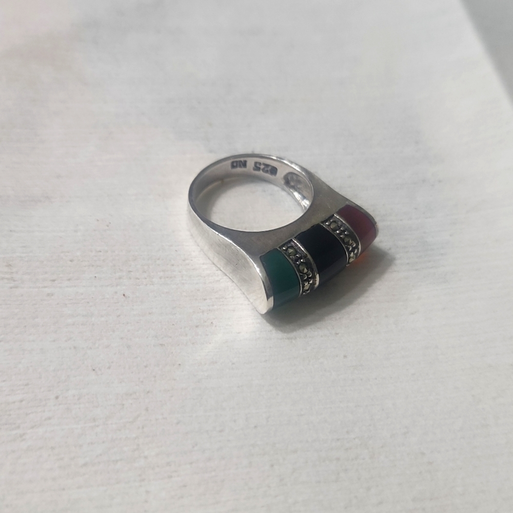 Retro Designer ND 925 Sterling Silver Green Black Onyx Carnelian Marcasite Ring